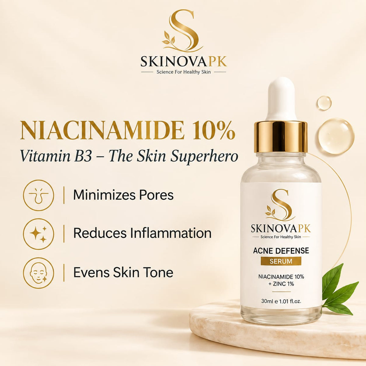 Acne Defense Serum – Niacinamide 10% + Zinc 1%.